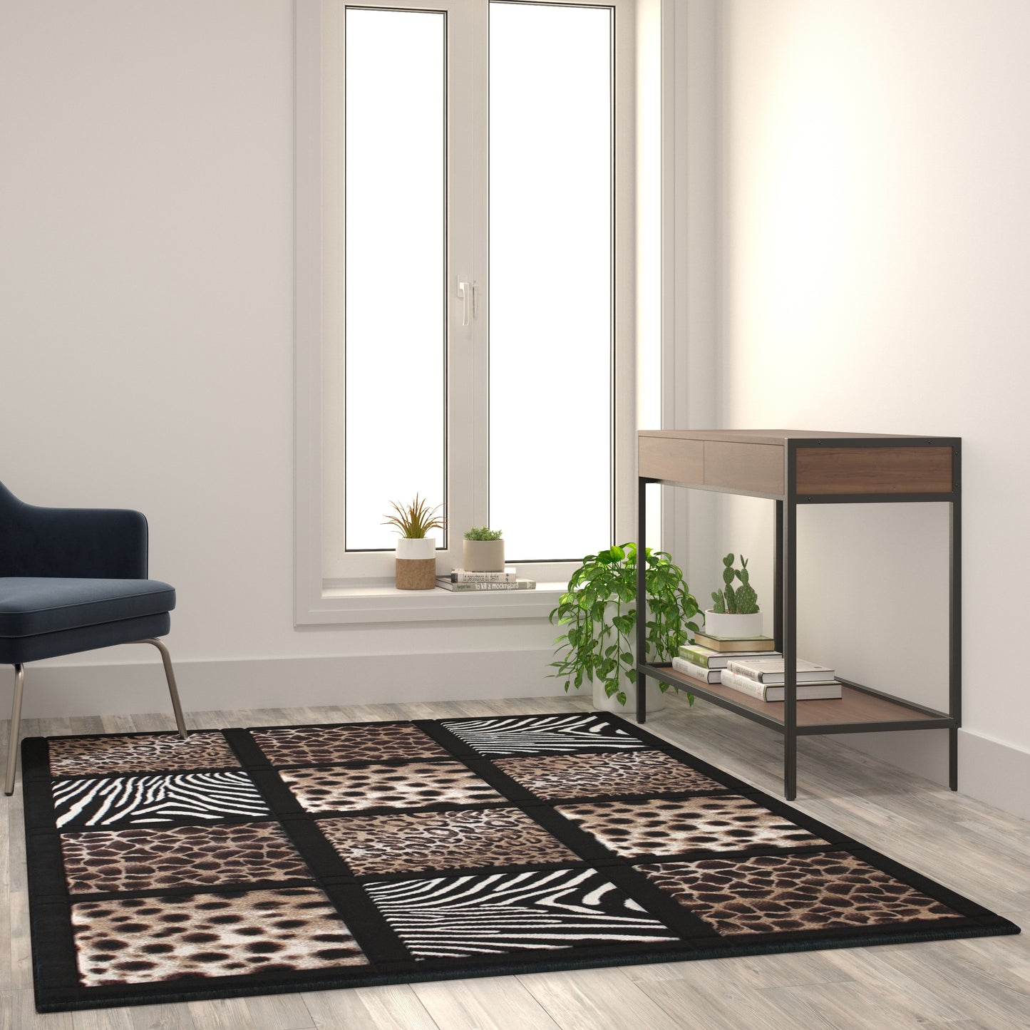Menagerie Collection 5' x 7' Modern Animal Print Olefin Area Rug with Cheetah, Leopard, Zebra and Giraffe Design Raised Squares Black