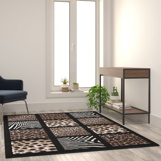 Menagerie Collection 5' x 7' Modern Animal Print Olefin Area Rug with Cheetah, Leopard, Zebra and Giraffe Design Raised Squares Black