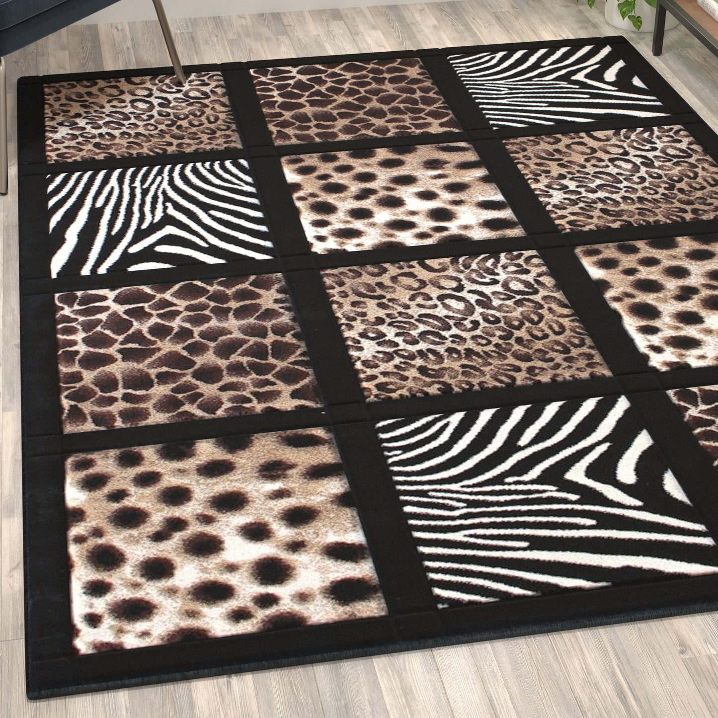 Menagerie Collection 5' x 7' Modern Animal Print Olefin Area Rug with Cheetah, Leopard, Zebra and Giraffe Design Raised Squares Black