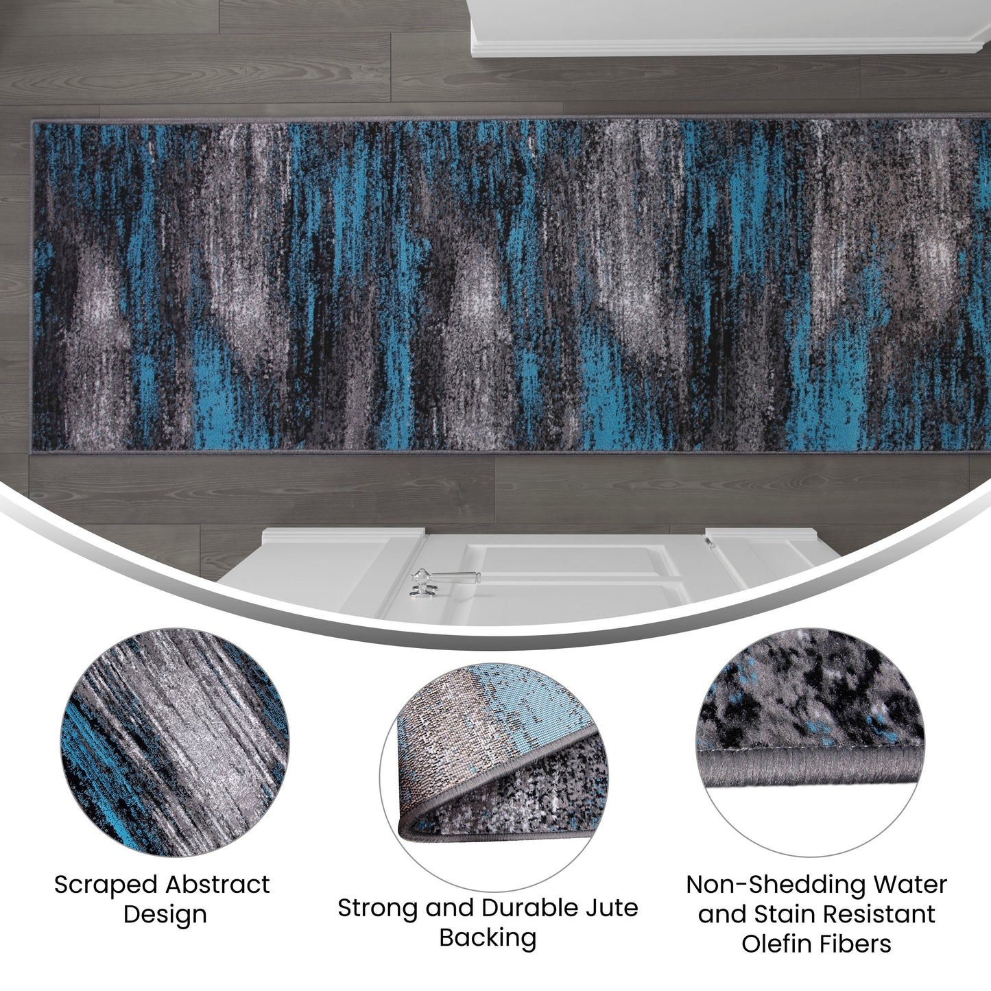 Rylan Collection 2' x 10' Blue Abstract Area Rug - Olefin Rug with Jute Backing for Hallway, Entryway, Bedroom, Living Room Blue