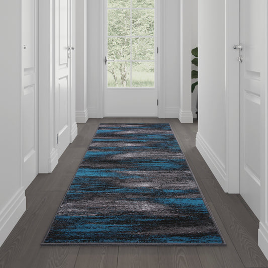 Rylan Collection 2' x 10' Blue Abstract Area Rug - Olefin Rug with Jute Backing for Hallway, Entryway, Bedroom, Living Room Blue