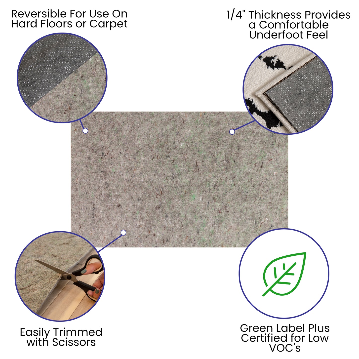 Minnie Slide-Stop® Multi-Surface Reversible Non-Slip Cushion Rug Pad, 1/4" Thick, Floor Protection, for 5'x8' Area Rug, Gray Gray