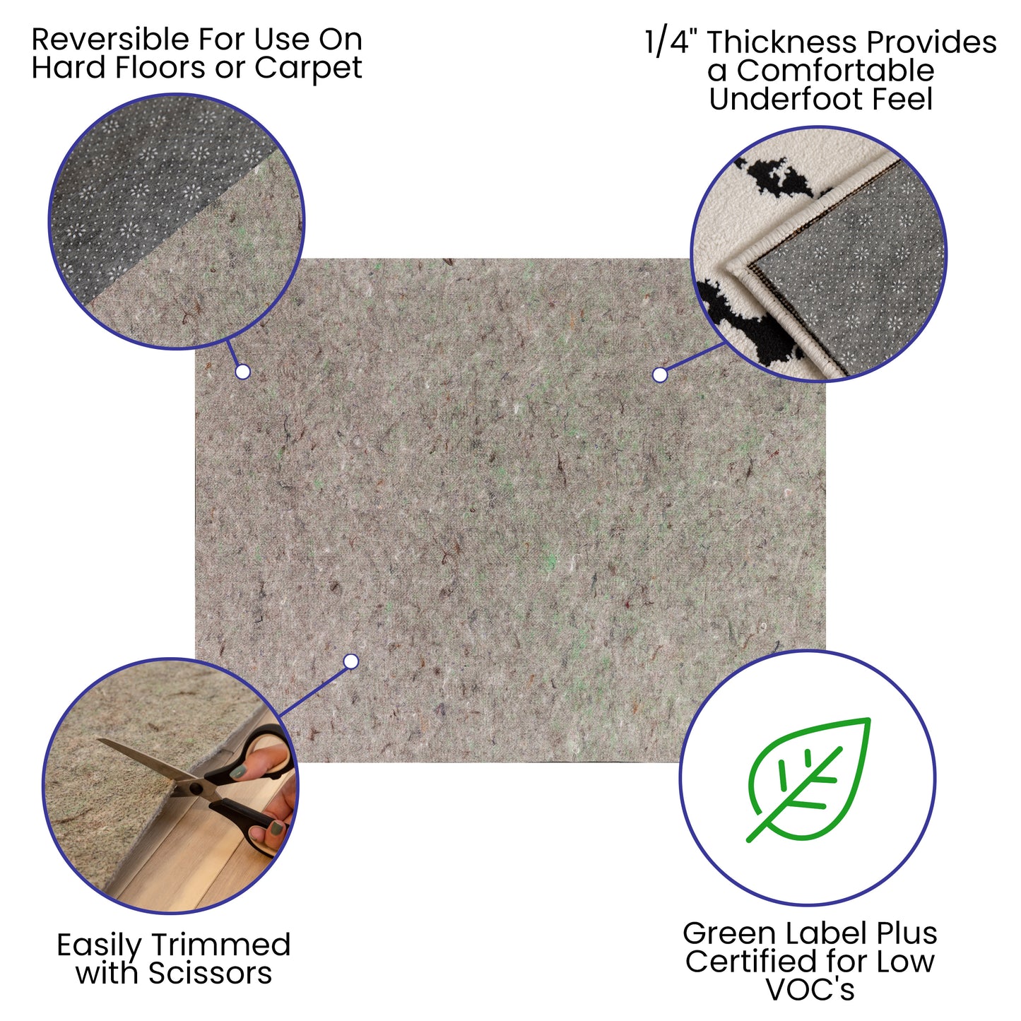 Minnie Slide-Stop® Multi-Surface Reversible Non-Slip Cushion Rug Pad, 1/4" Thick, Floor Protection, for 8'x10' Area Rug, Gray Gray