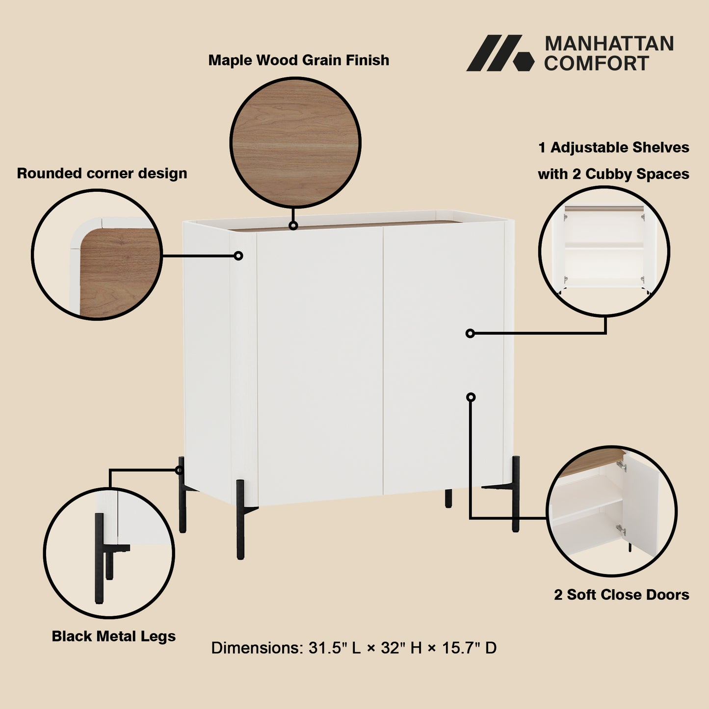 Abbey Modern 32" Accent Cabinet in Maple and Off White AF004-OW