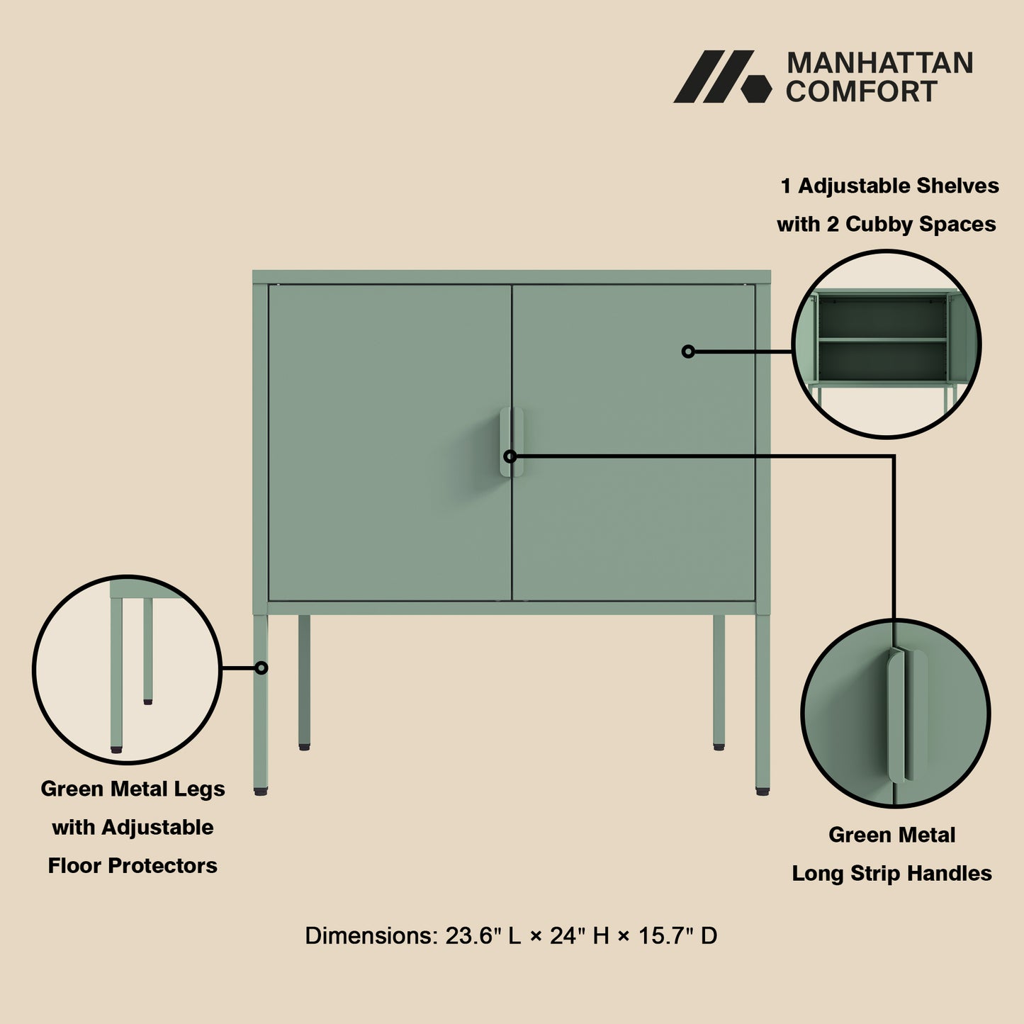 Ava Modern 24" Metal Accent Cabinet in Sage Green AF005-GR