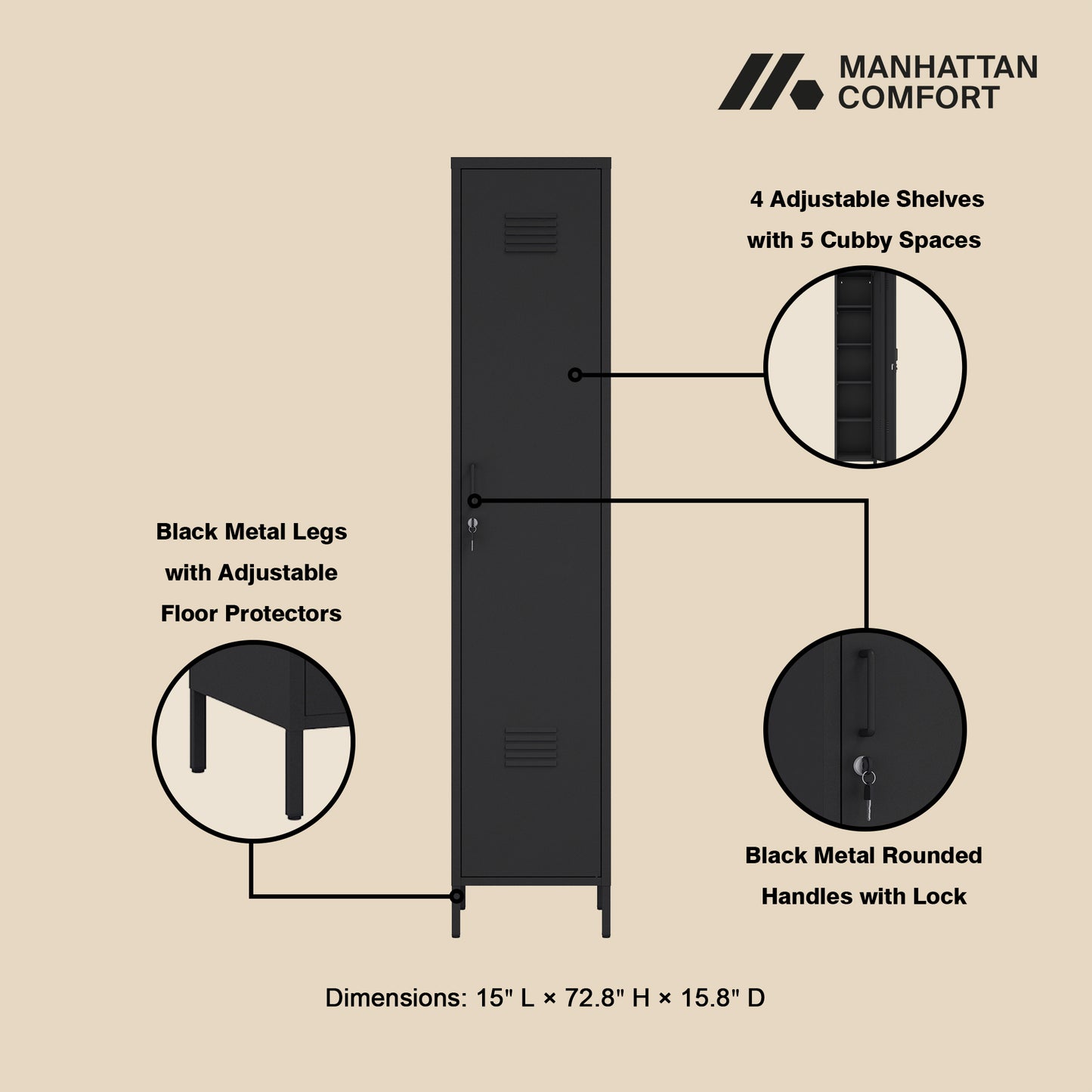 Naomi Modern 15" Metal Storage Cabinet in Black AF007-BK