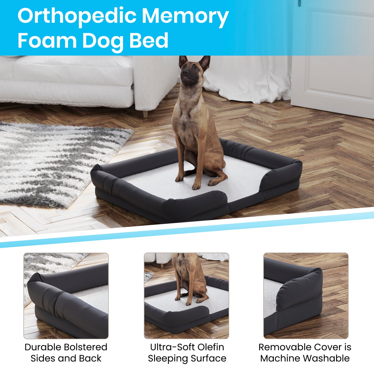 Cooper Orthopedic Comfy Memory Foam Joint Relief Bolster Dog Bed for Dogs up to 44 LBS. - Removable & Washable Cover, Non-Slip Bottom Gray AJ-ORTHO-00190-GY-GG