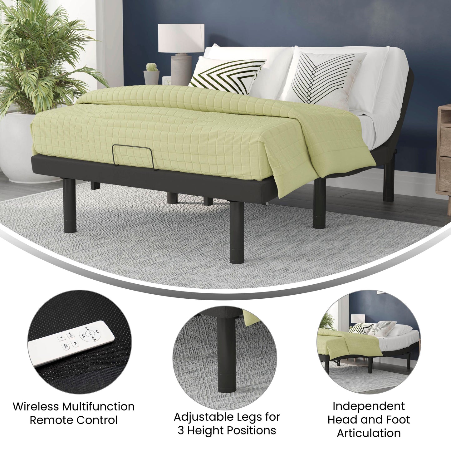 Selene Adjustable Upholstered Bed Base with Wireless Remote, Three Leg Heights, & Independent Head/Foot Incline -Twin XL - Black Black