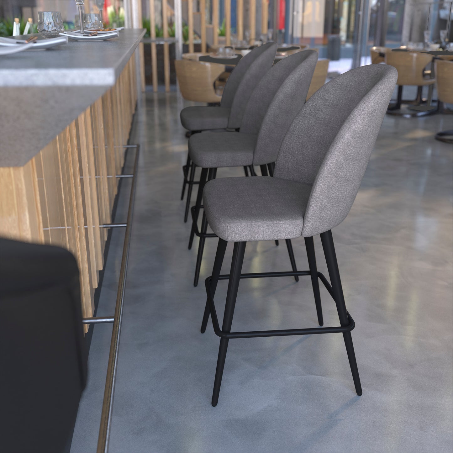 Lyla Set of 2 Commercial High Back Modern Armless 26" Counter Stools with Contoured Backrests, Steel Frames and Footrests, Gray Faux Linen-Set of 2 Gray Faux Linen