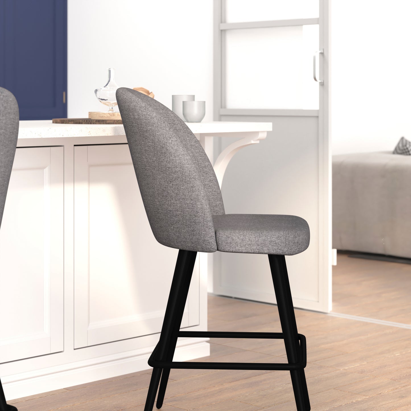 Lyla Set of 2 Commercial High Back Modern Armless 26" Counter Stools with Contoured Backrests, Steel Frames and Footrests, Gray Faux Linen-Set of 2 Gray Faux Linen