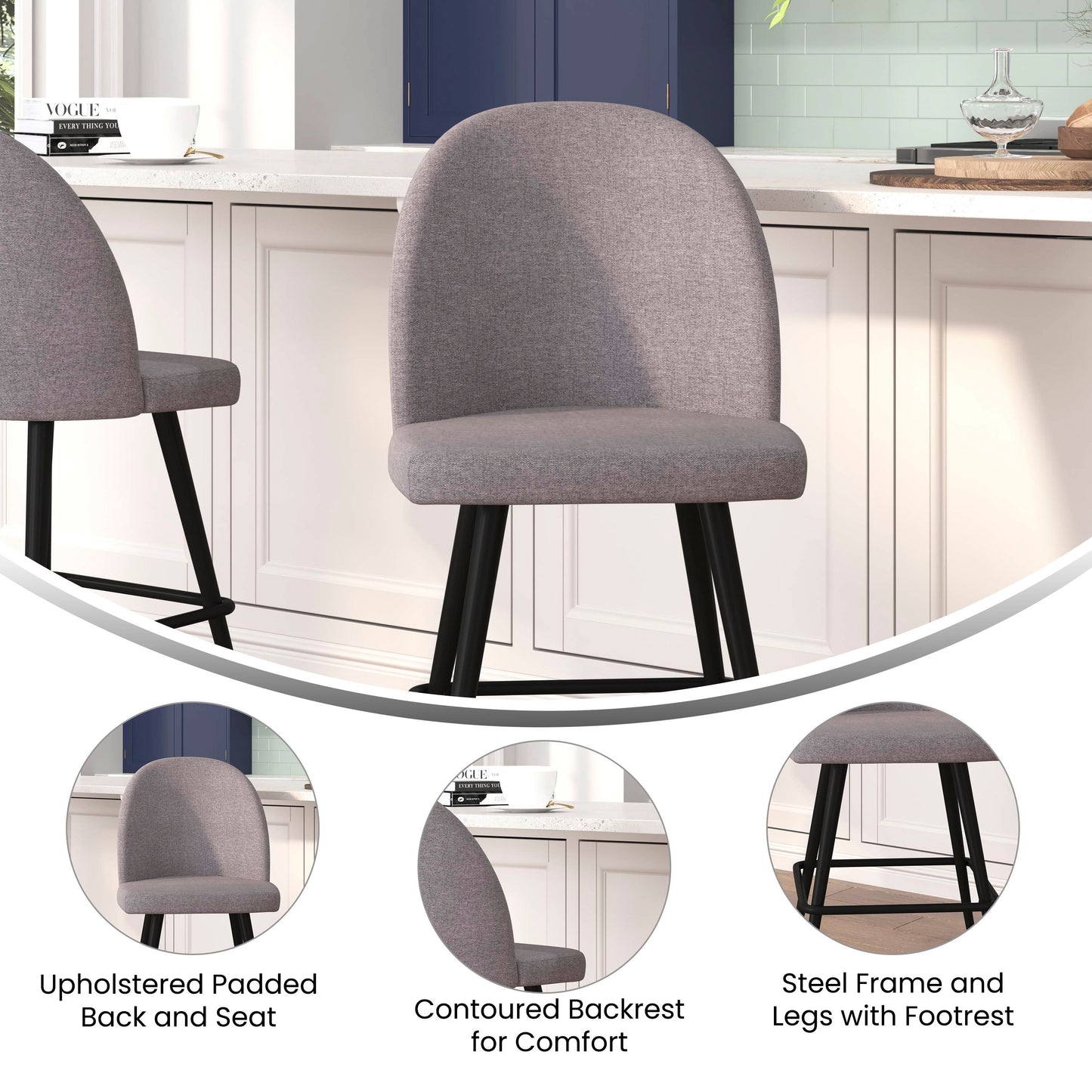 Lyla Set of 2 Commercial High Back Modern Armless 26" Counter Stools with Contoured Backrests, Steel Frames and Footrests, Gray Faux Linen-Set of 2 Gray Faux Linen