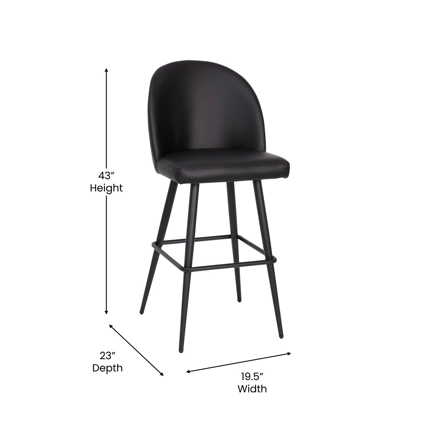 Lyla 30" Commercial Grade High Back Modern Armless Barstools with Contoured Backrest, Steel Frame and Integrated Footrest, Black LeatherSoft-Set of 2 Black LeatherSoft