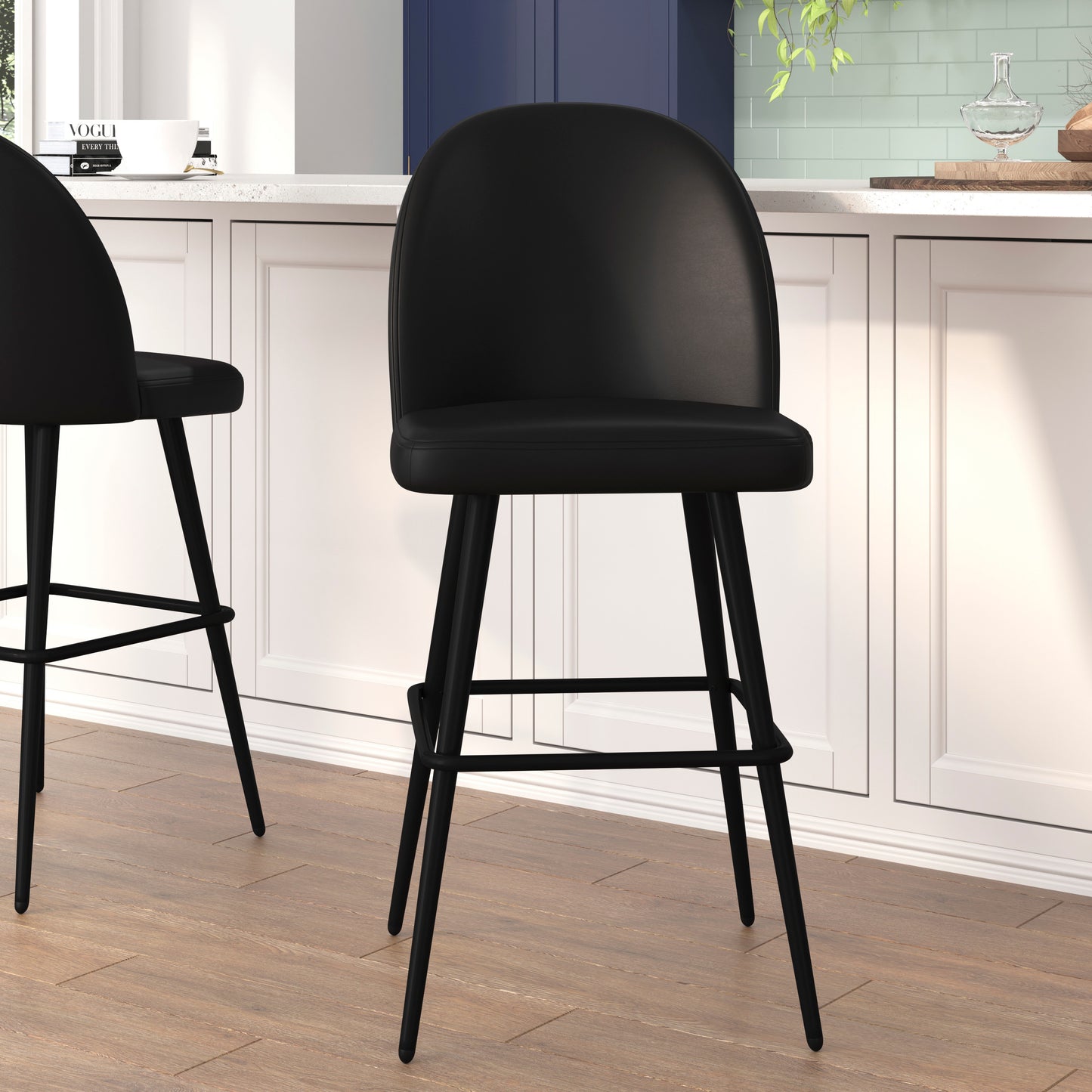 Lyla 30" Commercial Grade High Back Modern Armless Barstools with Contoured Backrest, Steel Frame and Integrated Footrest, Black LeatherSoft-Set of 2 Black LeatherSoft