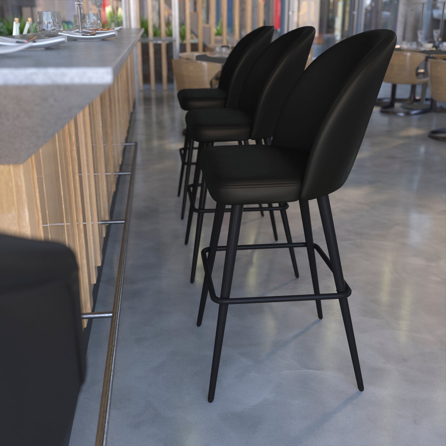 Lyla 30" Commercial Grade High Back Modern Armless Barstools with Contoured Backrest, Steel Frame and Integrated Footrest, Black LeatherSoft-Set of 2 Black LeatherSoft