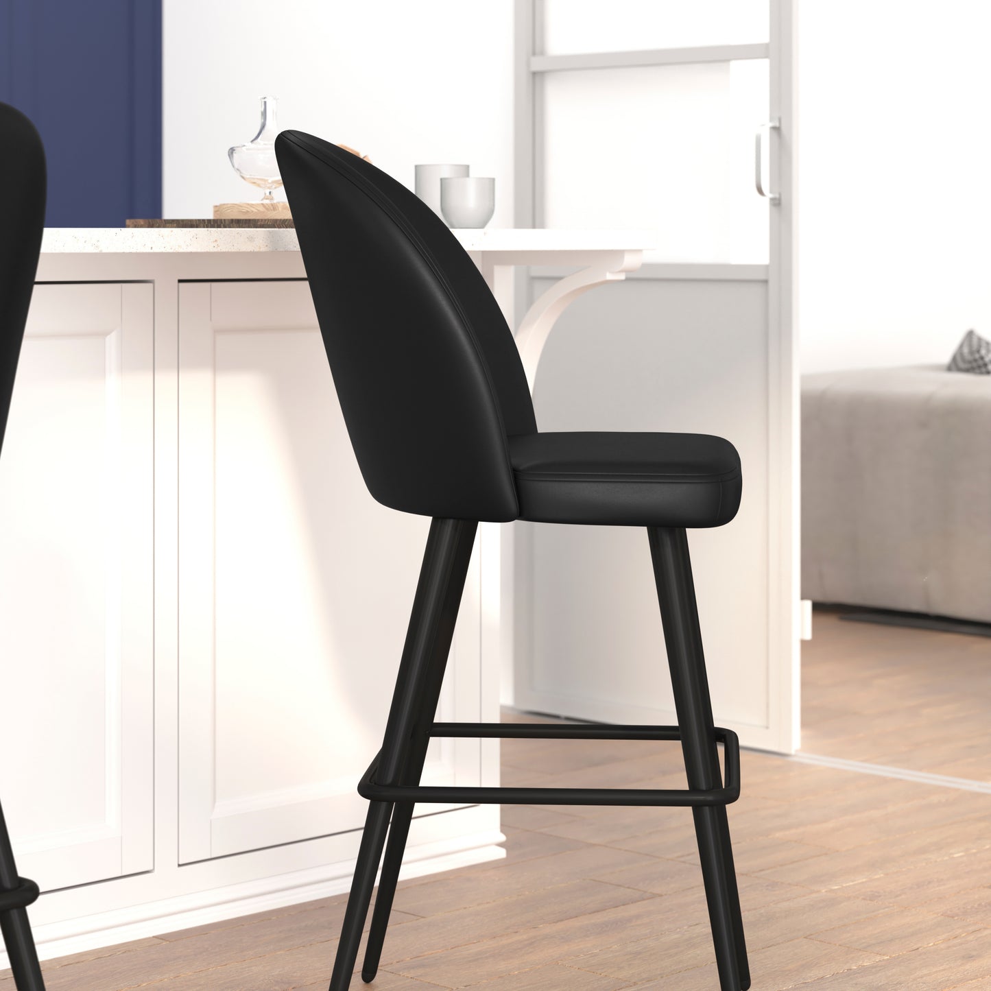 Lyla 30" Commercial Grade High Back Modern Armless Barstools with Contoured Backrest, Steel Frame and Integrated Footrest, Black LeatherSoft-Set of 2 Black LeatherSoft