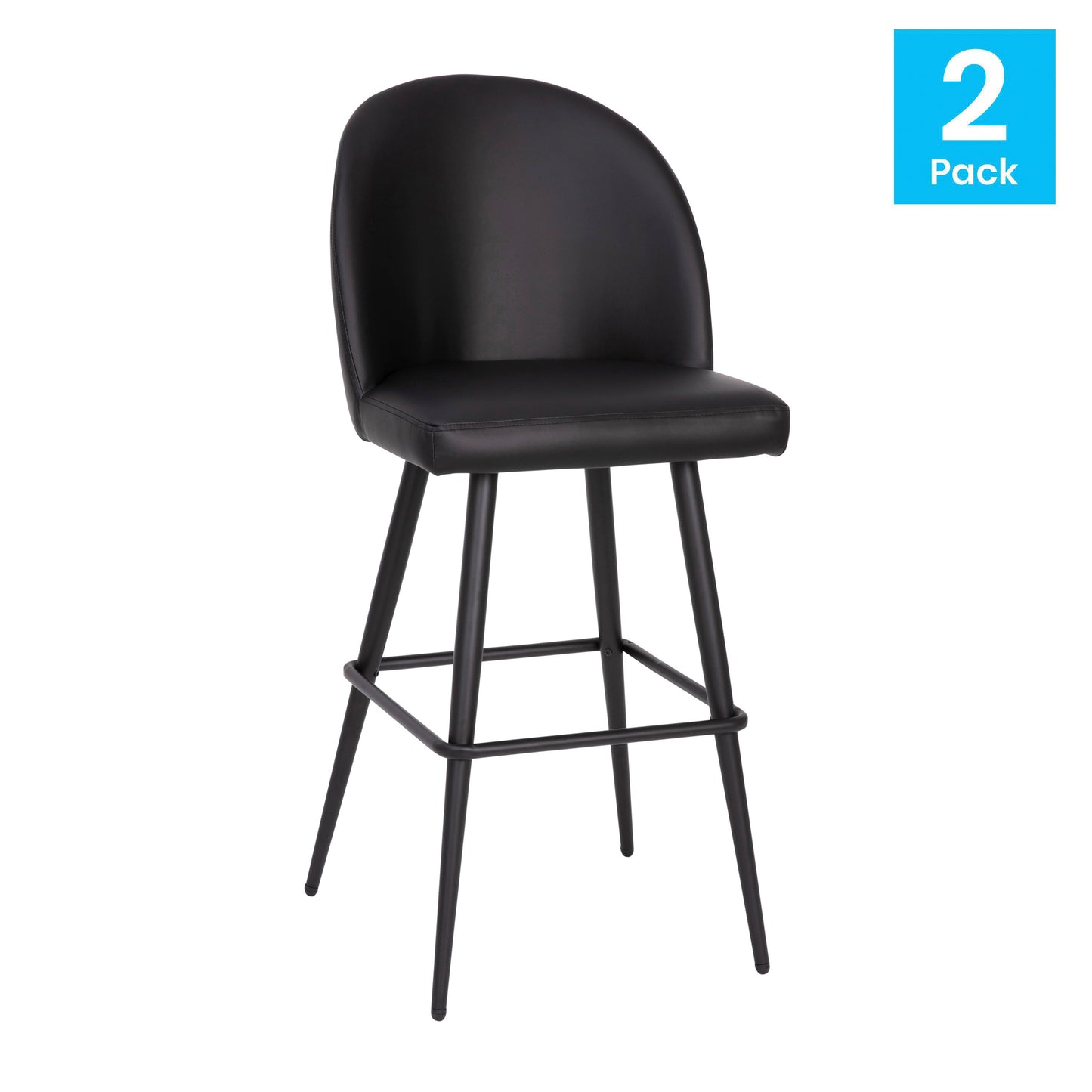 Lyla 30" Commercial Grade High Back Modern Armless Barstools with Contoured Backrest, Steel Frame and Integrated Footrest, Black LeatherSoft-Set of 2 Black LeatherSoft