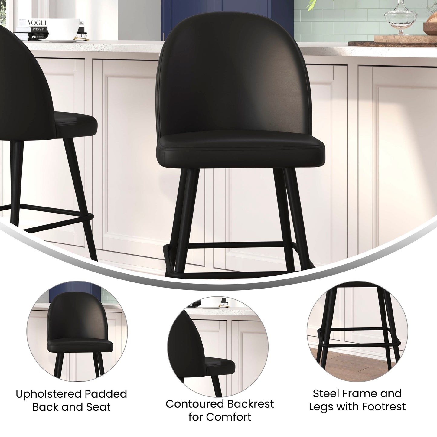 Lyla 30" Commercial Grade High Back Modern Armless Barstools with Contoured Backrest, Steel Frame and Integrated Footrest, Black LeatherSoft-Set of 2 Black LeatherSoft
