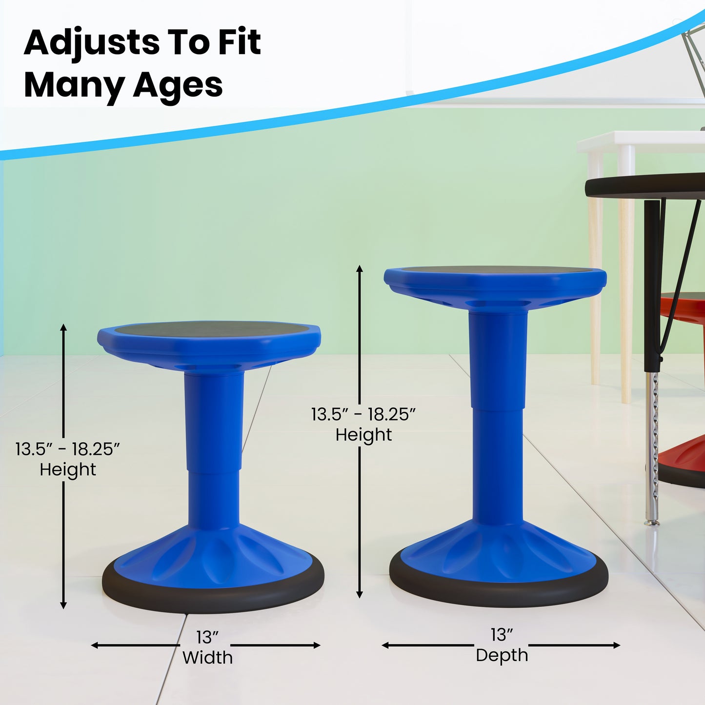 Carter Adjustable Height Kids Flexible Active Stool for Classroom and Home with Non-Skid Bottom in Blue, 14" - 18" Seat Height Blue
