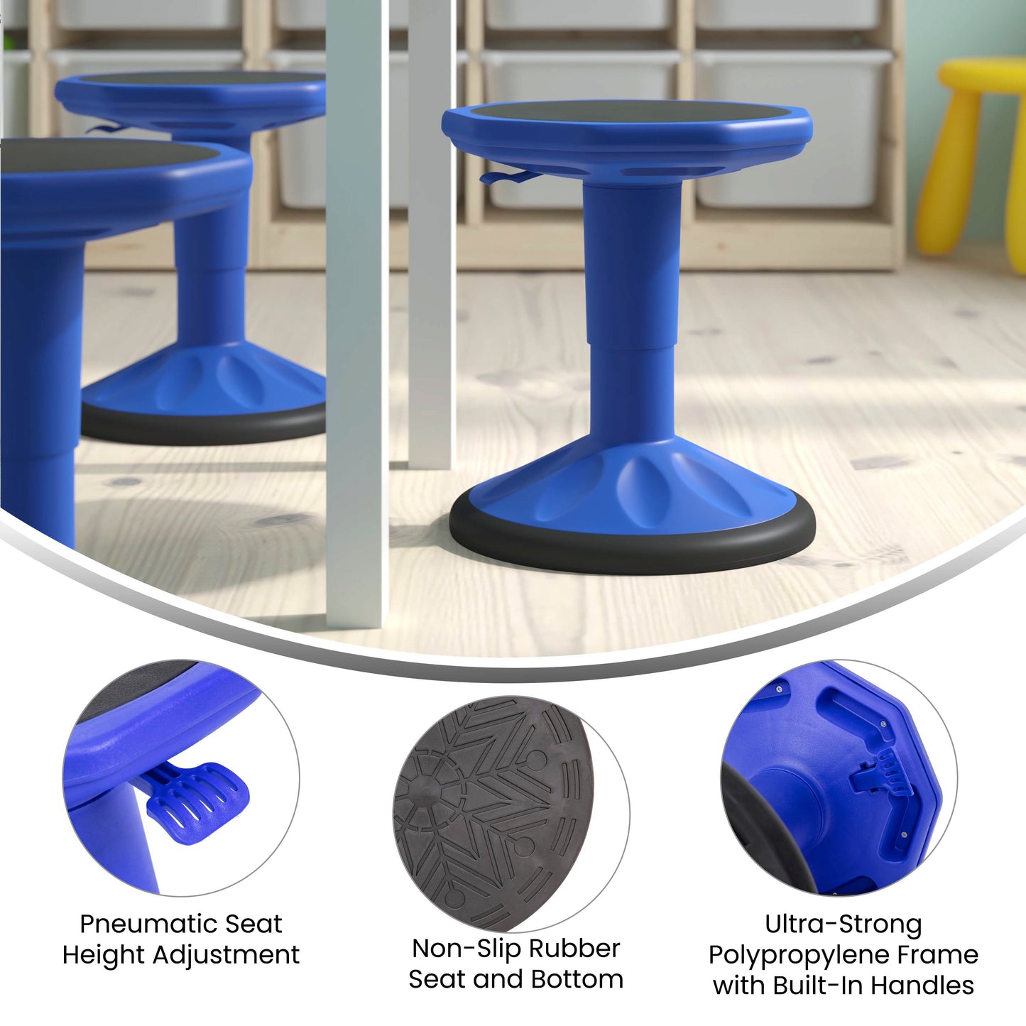 Carter Adjustable Height Kids Flexible Active Stool for Classroom and Home with Non-Skid Bottom in Blue, 14" - 18" Seat Height Blue