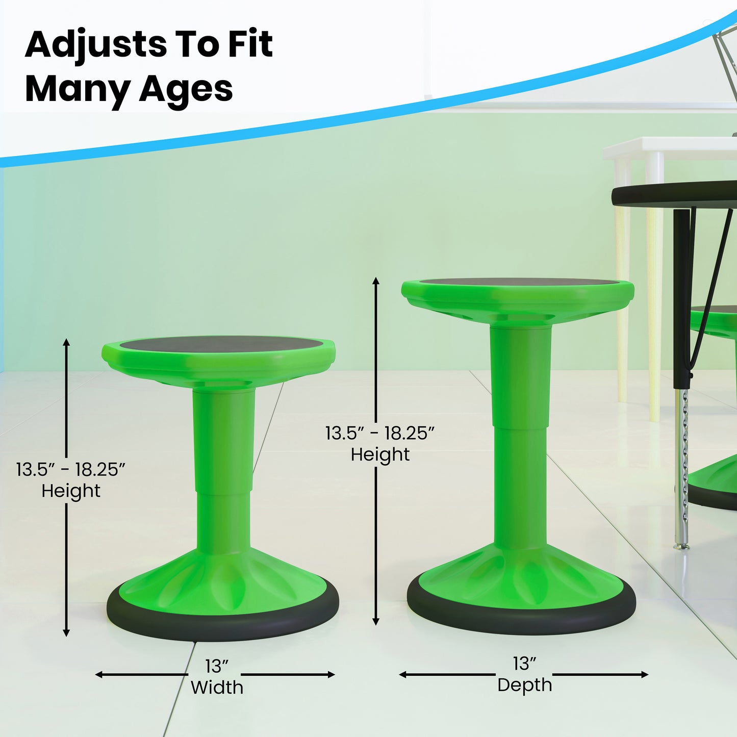 Carter Adjustable Height Kids Flexible Active Stool for Classroom and Home with Non-Skid Bottom in Green, 14" - 18" Seat Height Green