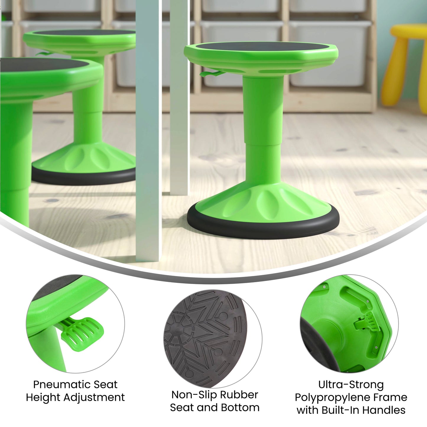 Carter Adjustable Height Kids Flexible Active Stool for Classroom and Home with Non-Skid Bottom in Green, 14" - 18" Seat Height Green