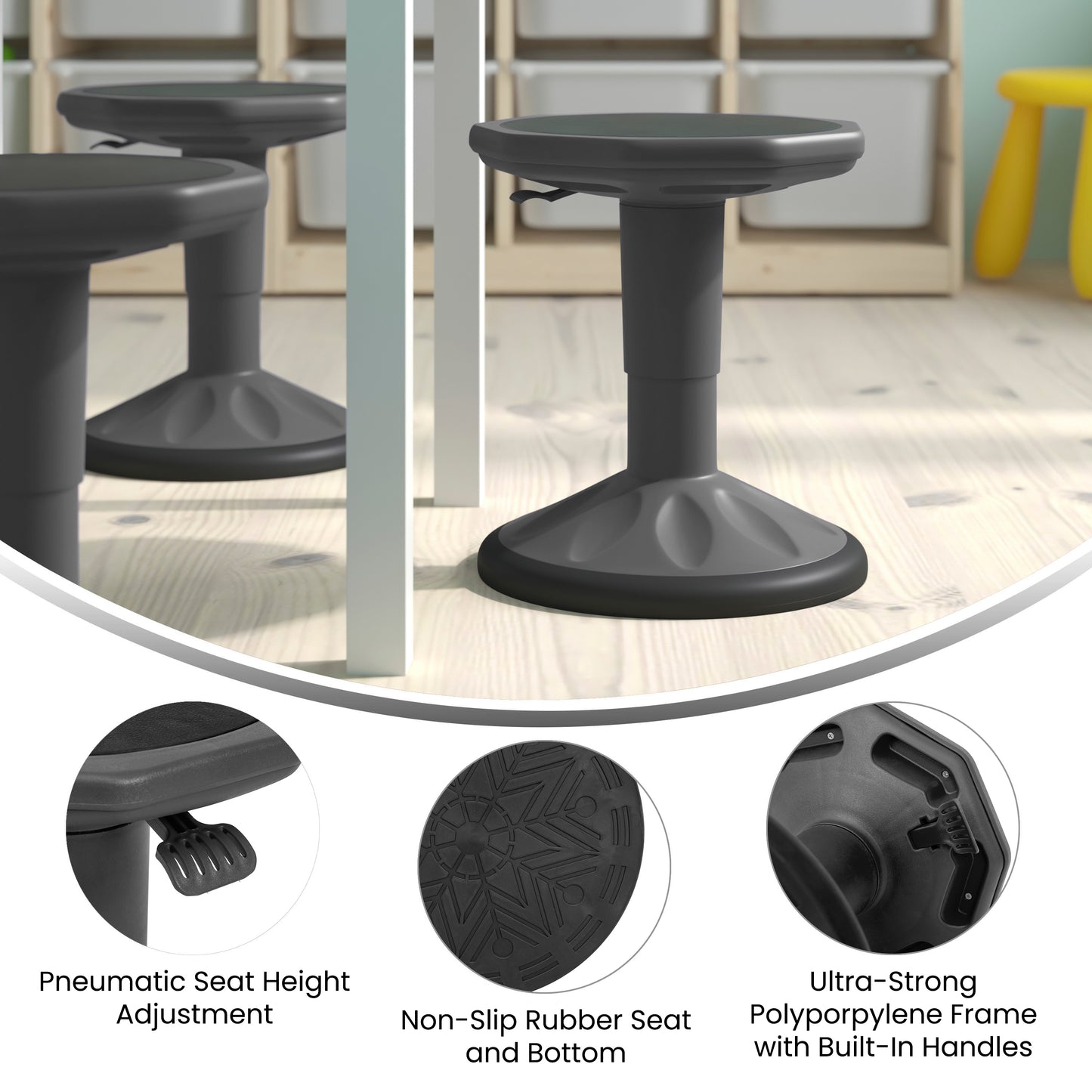 Carter Adjustable Height Kids Flexible Active Stool for Classroom and Home with Non-Skid Bottom in Gray, 14" - 18" Seat Height Gray