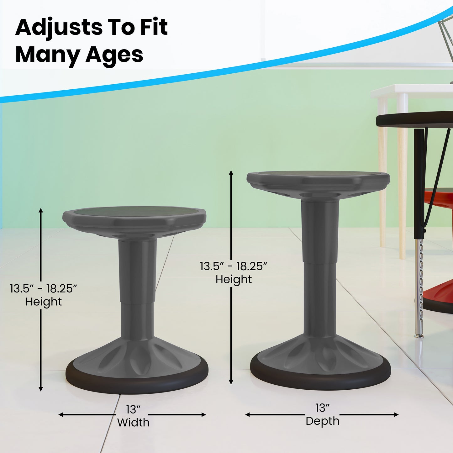 Carter Adjustable Height Kids Flexible Active Stool for Classroom and Home with Non-Skid Bottom in Gray, 14" - 18" Seat Height Gray