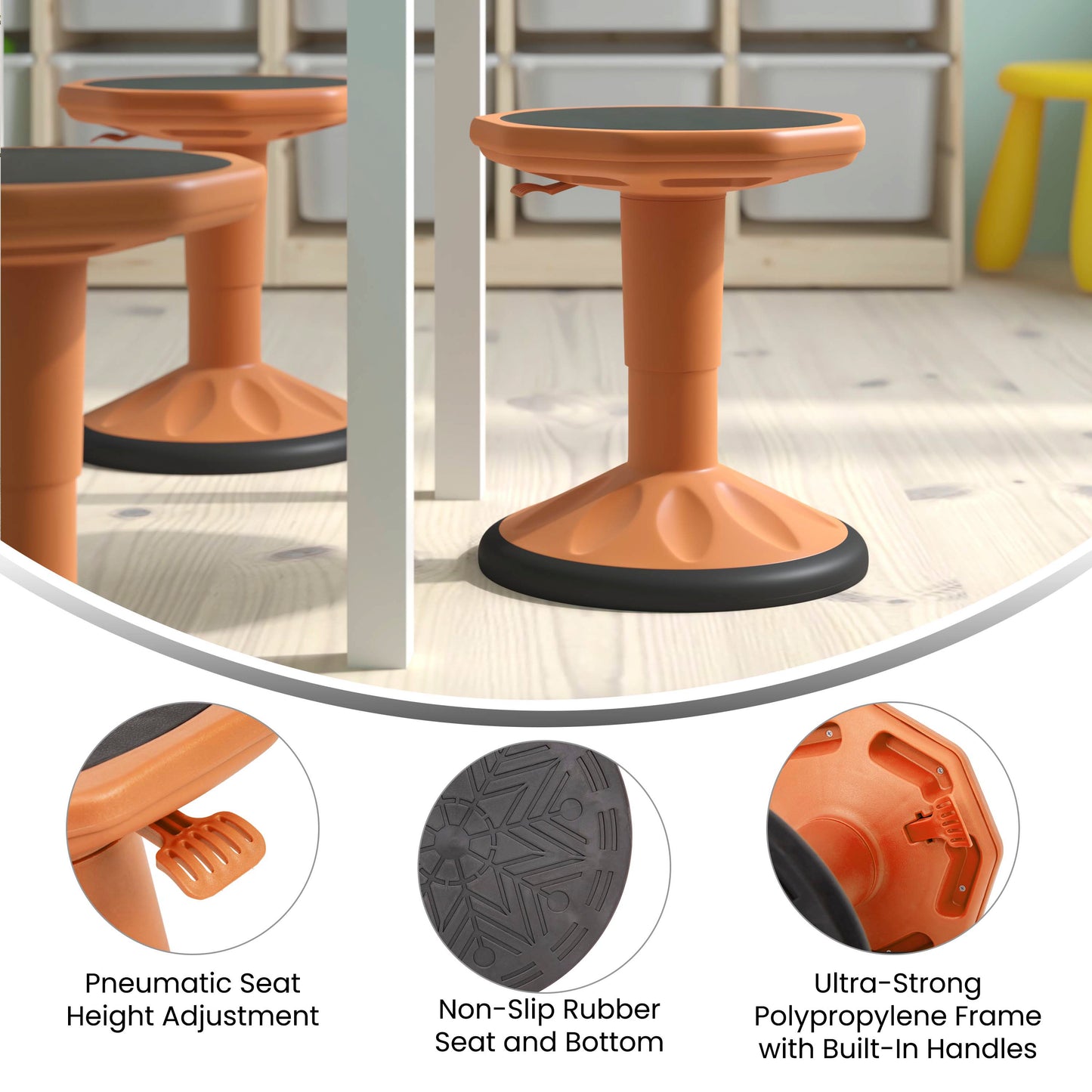 Carter Adjustable Height Kids Flexible Active Stool for Classroom and Home with Non-Skid Bottom in Orange, 14" - 18" Seat Height Orange