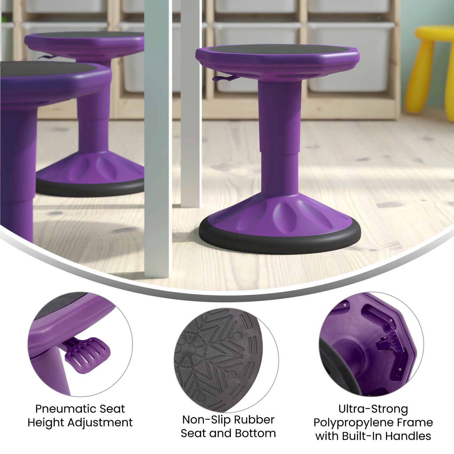 Carter Adjustable Height Kids Flexible Active Stool for Classroom and Home with Non-Skid Bottom in Purple, 14" - 18" Seat Height Purple