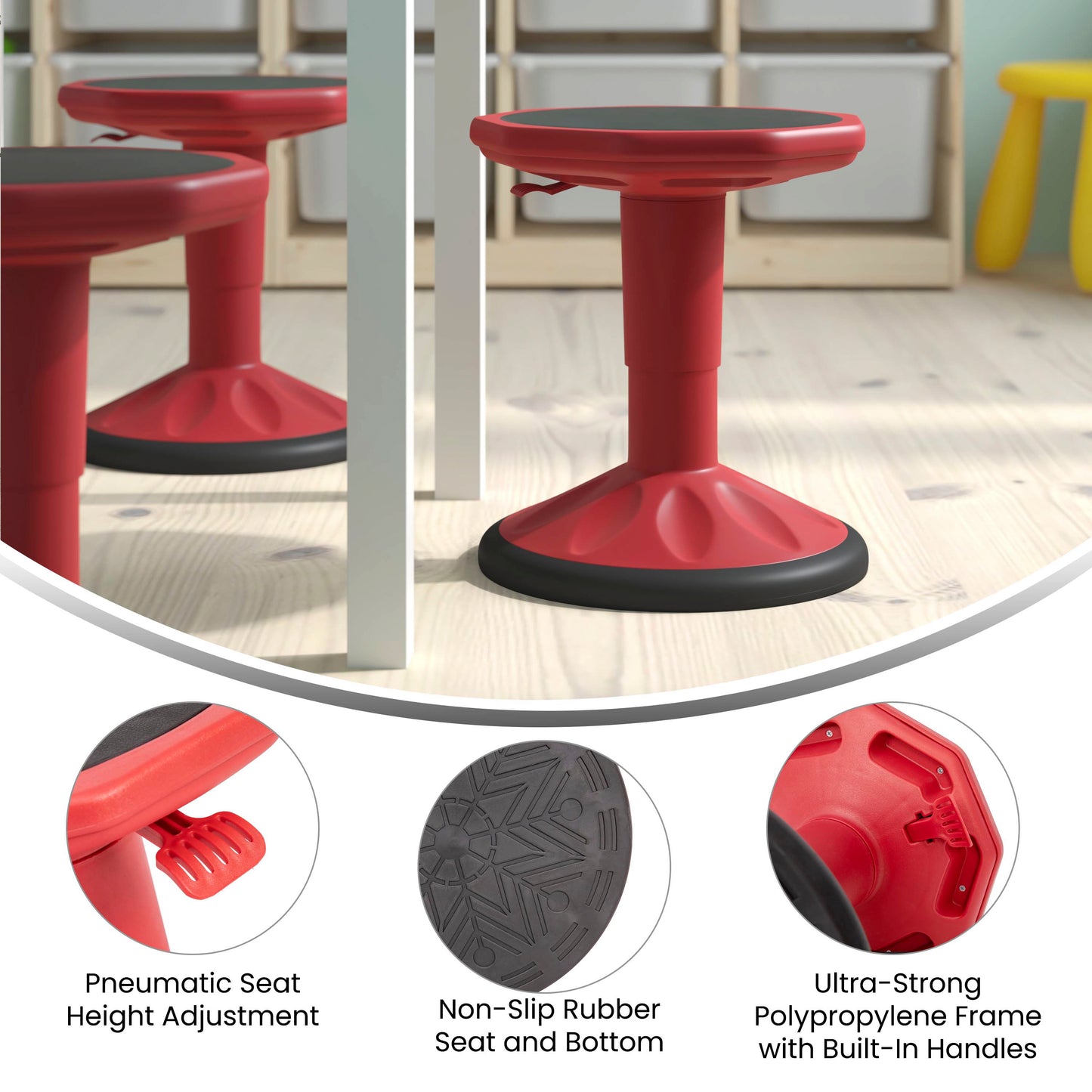 Carter Adjustable Height Kids Flexible Active Stool for Classroom and Home with Non-Skid Bottom in Red, 14" - 18" Seat Height Red