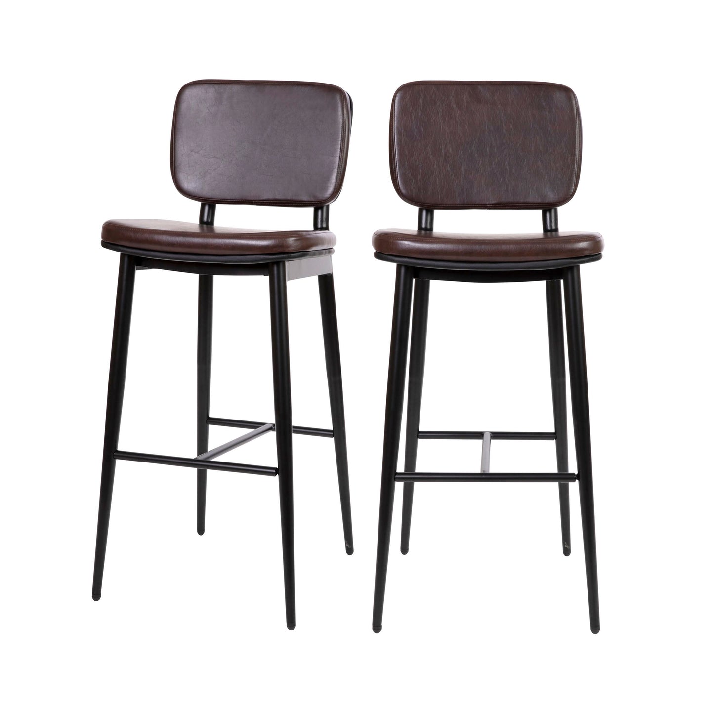 Kenzie Commercial Grade Mid-Back Barstools - Brown LeatherSoft Upholstery - Black Iron Frame with Integrated Footrest - Set of 2 Brown