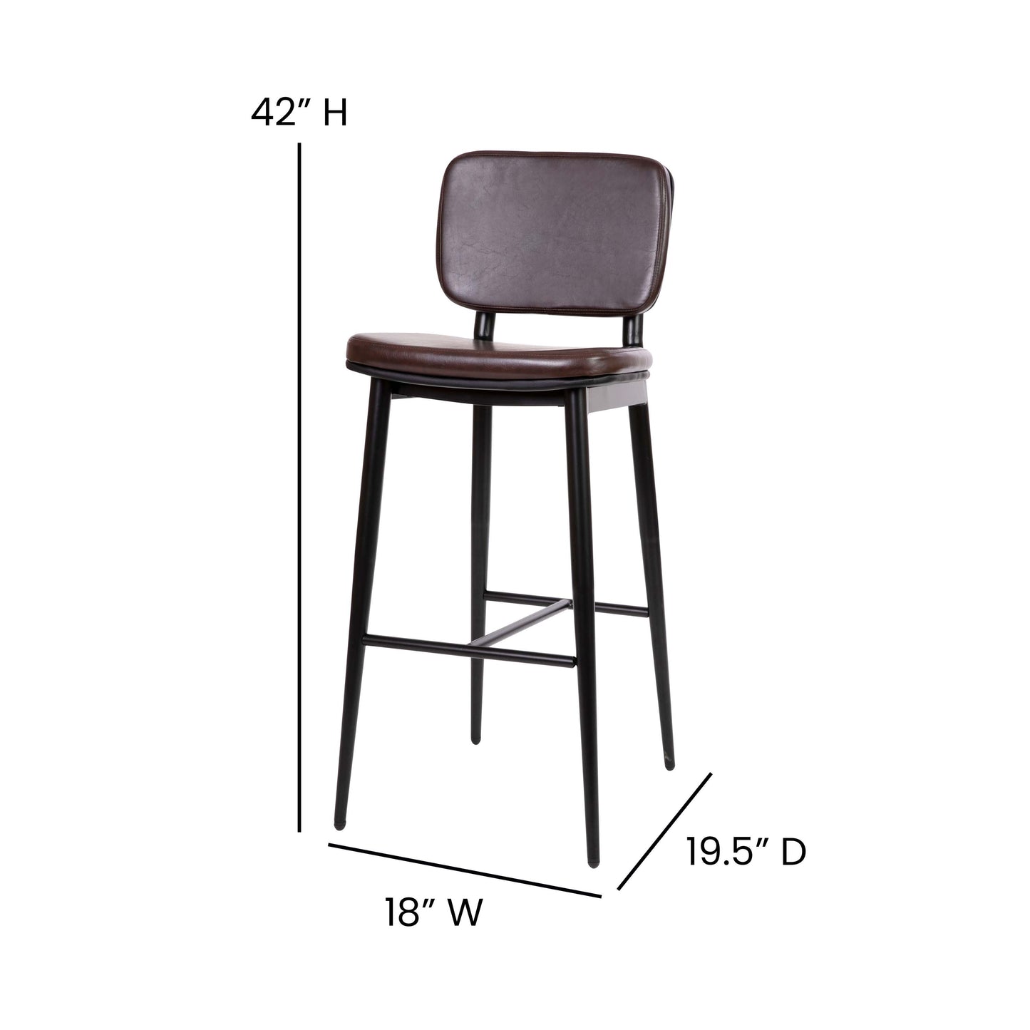Kenzie Commercial Grade Mid-Back Barstools - Brown LeatherSoft Upholstery - Black Iron Frame with Integrated Footrest - Set of 2 Brown
