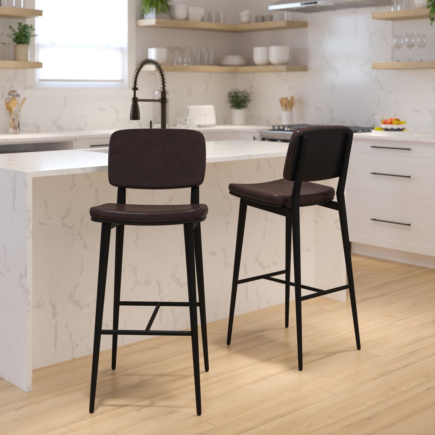 Kenzie Commercial Grade Mid-Back Barstools - Brown LeatherSoft Upholstery - Black Iron Frame with Integrated Footrest - Set of 2 Brown