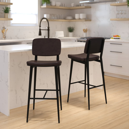 Kenzie Commercial Grade Mid-Back Barstools - Brown LeatherSoft Upholstery - Black Iron Frame with Integrated Footrest - Set of 2 Brown