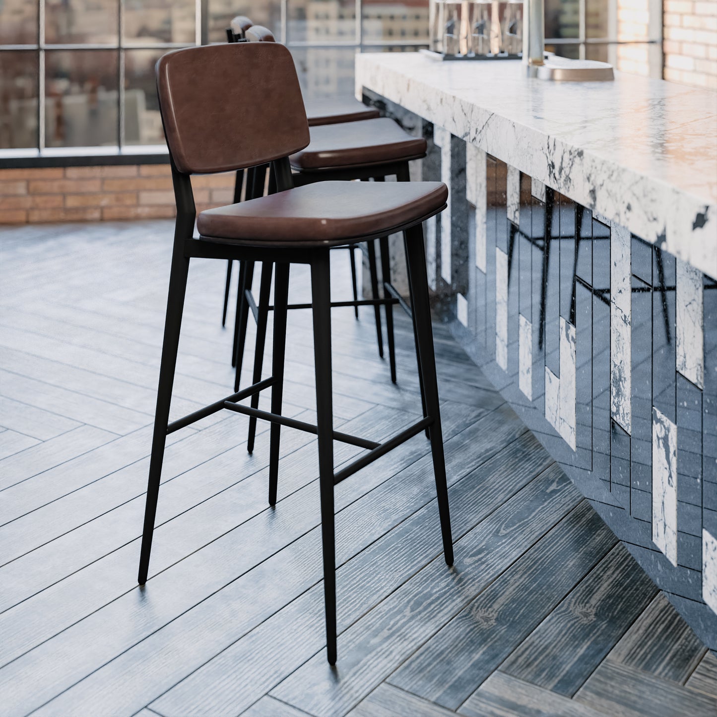 Kenzie Commercial Grade Mid-Back Barstools - Brown LeatherSoft Upholstery - Black Iron Frame with Integrated Footrest - Set of 2 Brown