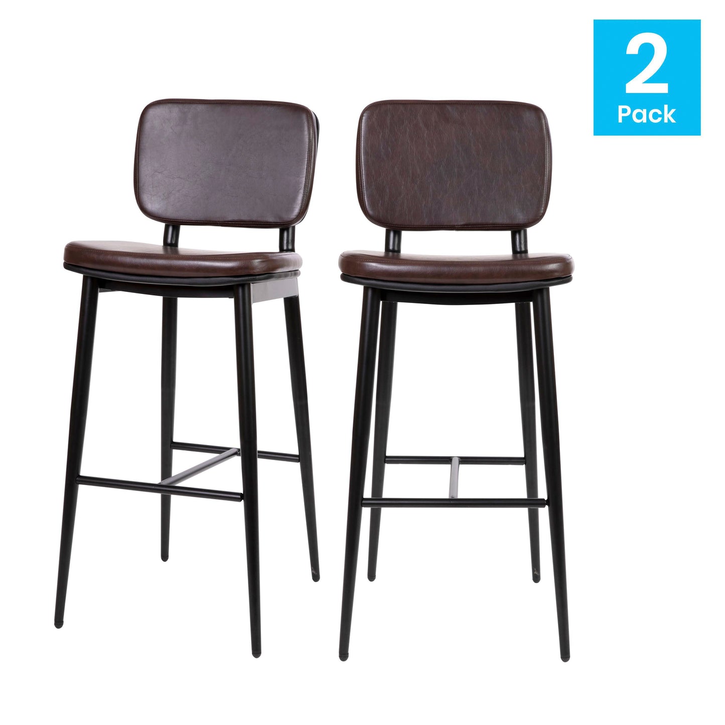Kenzie Commercial Grade Mid-Back Barstools - Brown LeatherSoft Upholstery - Black Iron Frame with Integrated Footrest - Set of 2 Brown