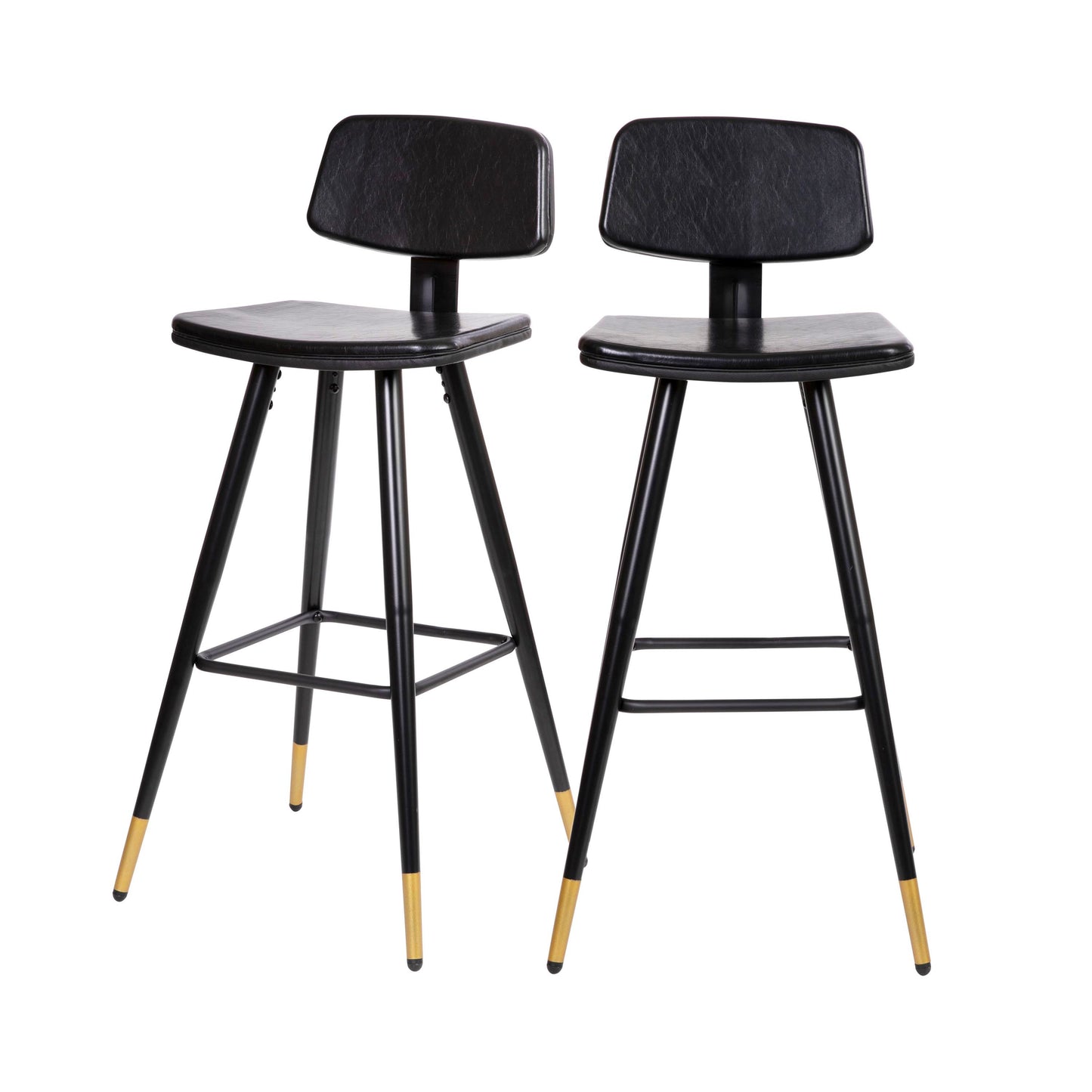 Kora Commercial Grade Low Back Barstools-Black LeatherSoft Upholstery-Black Iron Frame-Integrated Footrest-Gold Tipped Legs-Set of 2 Black
