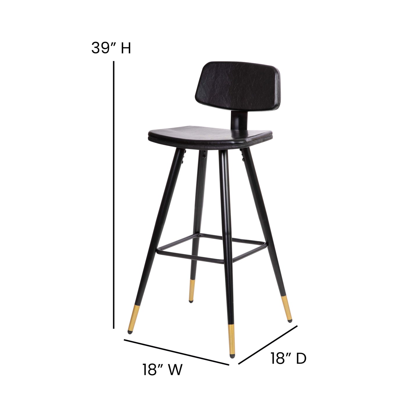 Kora Commercial Grade Low Back Barstools-Black LeatherSoft Upholstery-Black Iron Frame-Integrated Footrest-Gold Tipped Legs-Set of 2 Black