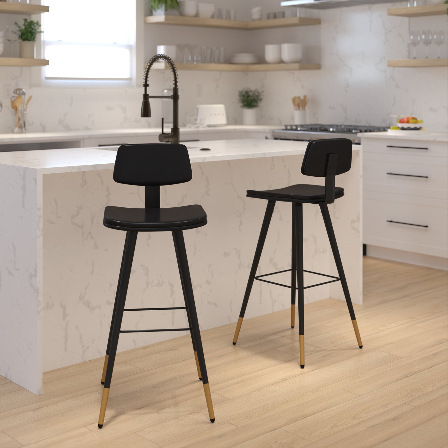 Kora Commercial Grade Low Back Barstools-Black LeatherSoft Upholstery-Black Iron Frame-Integrated Footrest-Gold Tipped Legs-Set of 2 Black