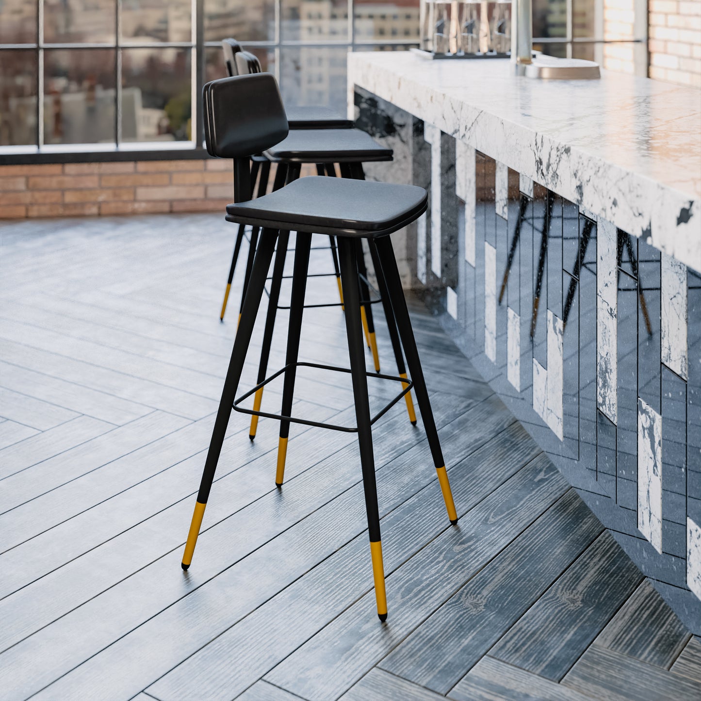 Kora Commercial Grade Low Back Barstools-Black LeatherSoft Upholstery-Black Iron Frame-Integrated Footrest-Gold Tipped Legs-Set of 2 Black