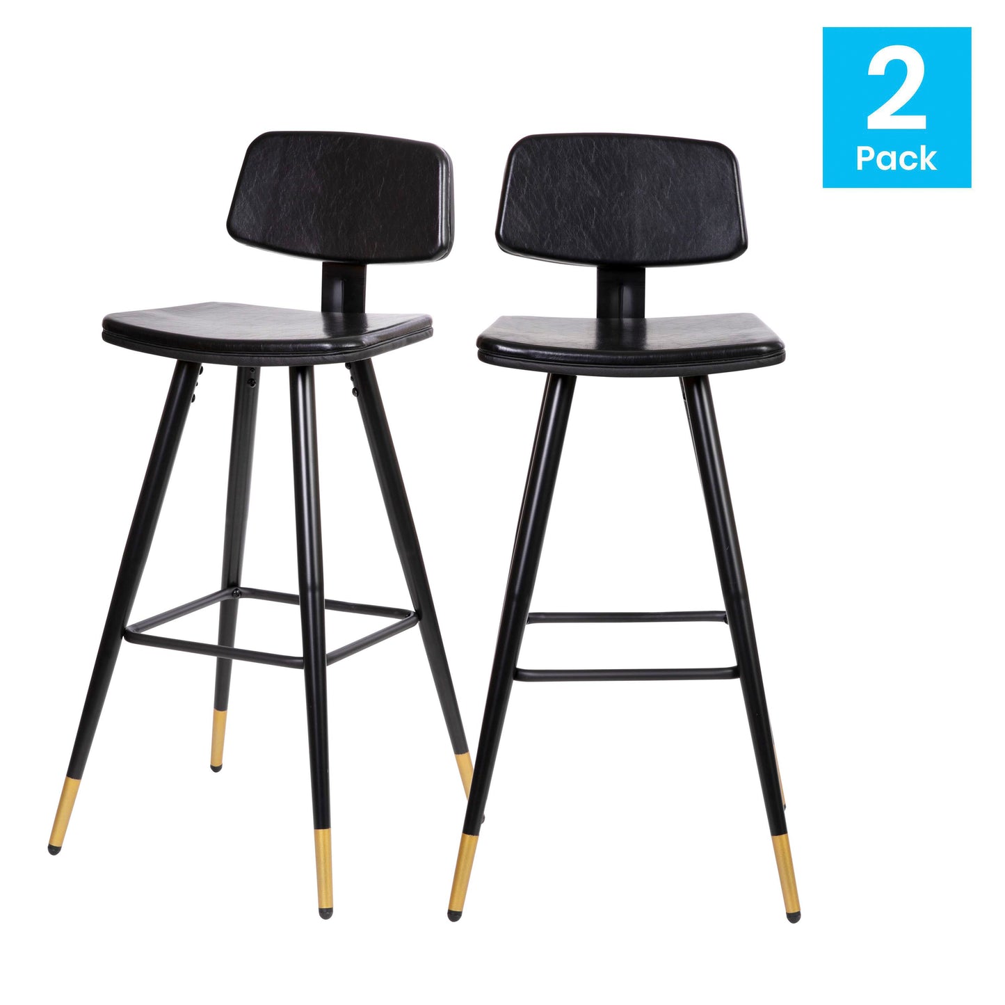 Kora Commercial Grade Low Back Barstools-Black LeatherSoft Upholstery-Black Iron Frame-Integrated Footrest-Gold Tipped Legs-Set of 2 Black