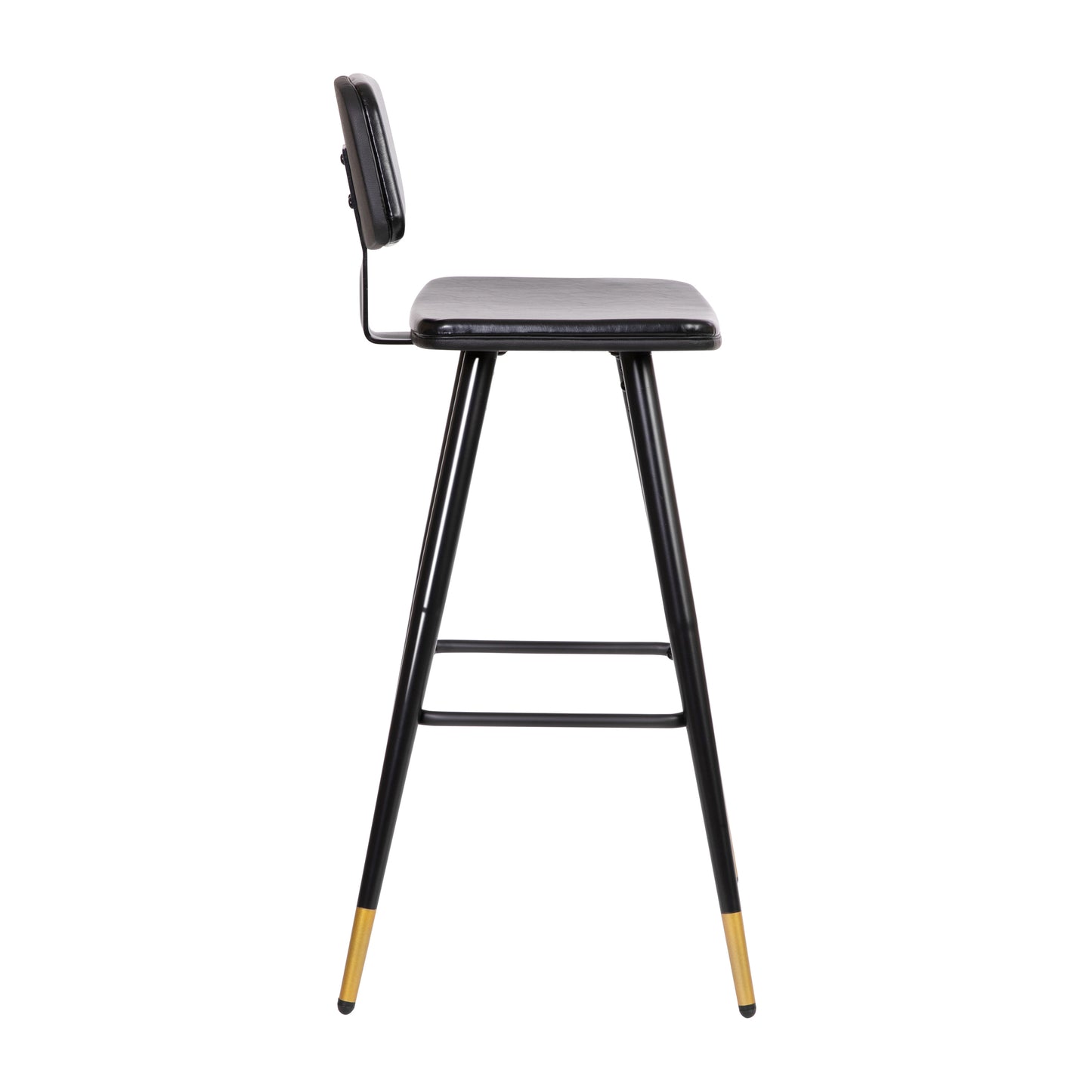 Kora Commercial Grade Low Back Barstools-Black LeatherSoft Upholstery-Black Iron Frame-Integrated Footrest-Gold Tipped Legs-Set of 2 Black