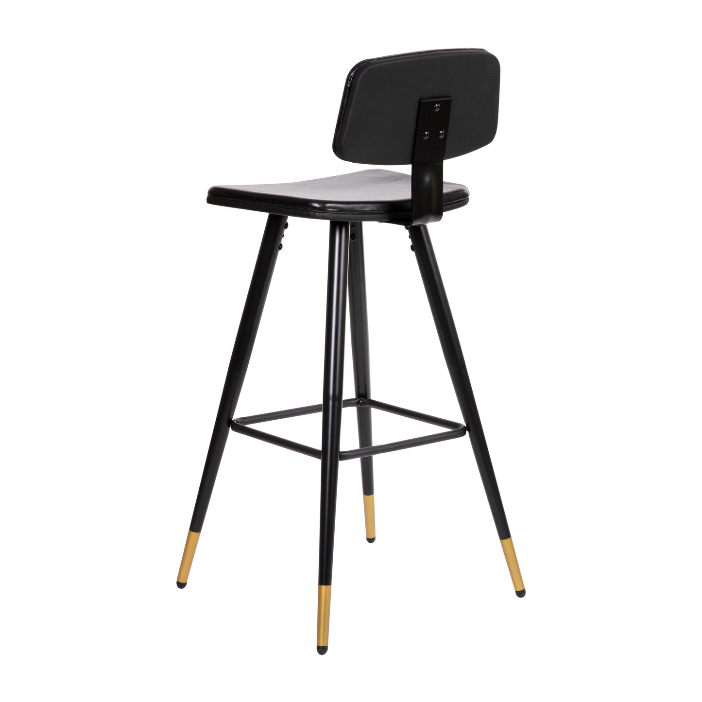 Kora Commercial Grade Low Back Barstools-Black LeatherSoft Upholstery-Black Iron Frame-Integrated Footrest-Gold Tipped Legs-Set of 2 Black