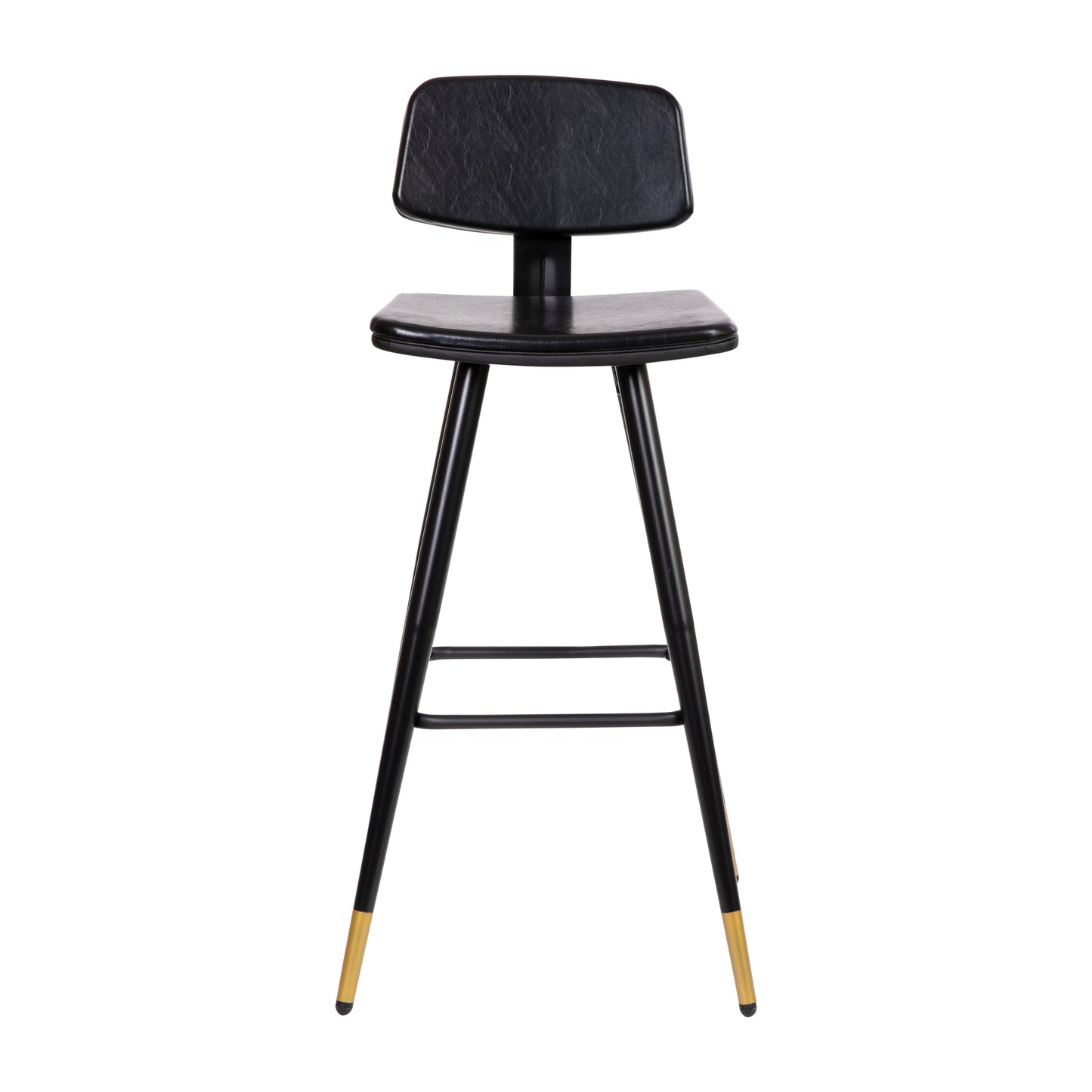 Kora Commercial Grade Low Back Barstools-Black LeatherSoft Upholstery-Black Iron Frame-Integrated Footrest-Gold Tipped Legs-Set of 2 Black