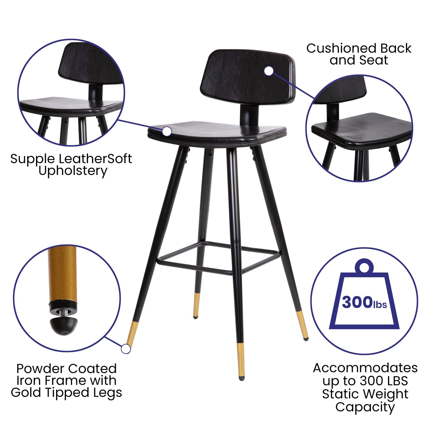 Kora Commercial Grade Low Back Barstools-Black LeatherSoft Upholstery-Black Iron Frame-Integrated Footrest-Gold Tipped Legs-Set of 2 Black