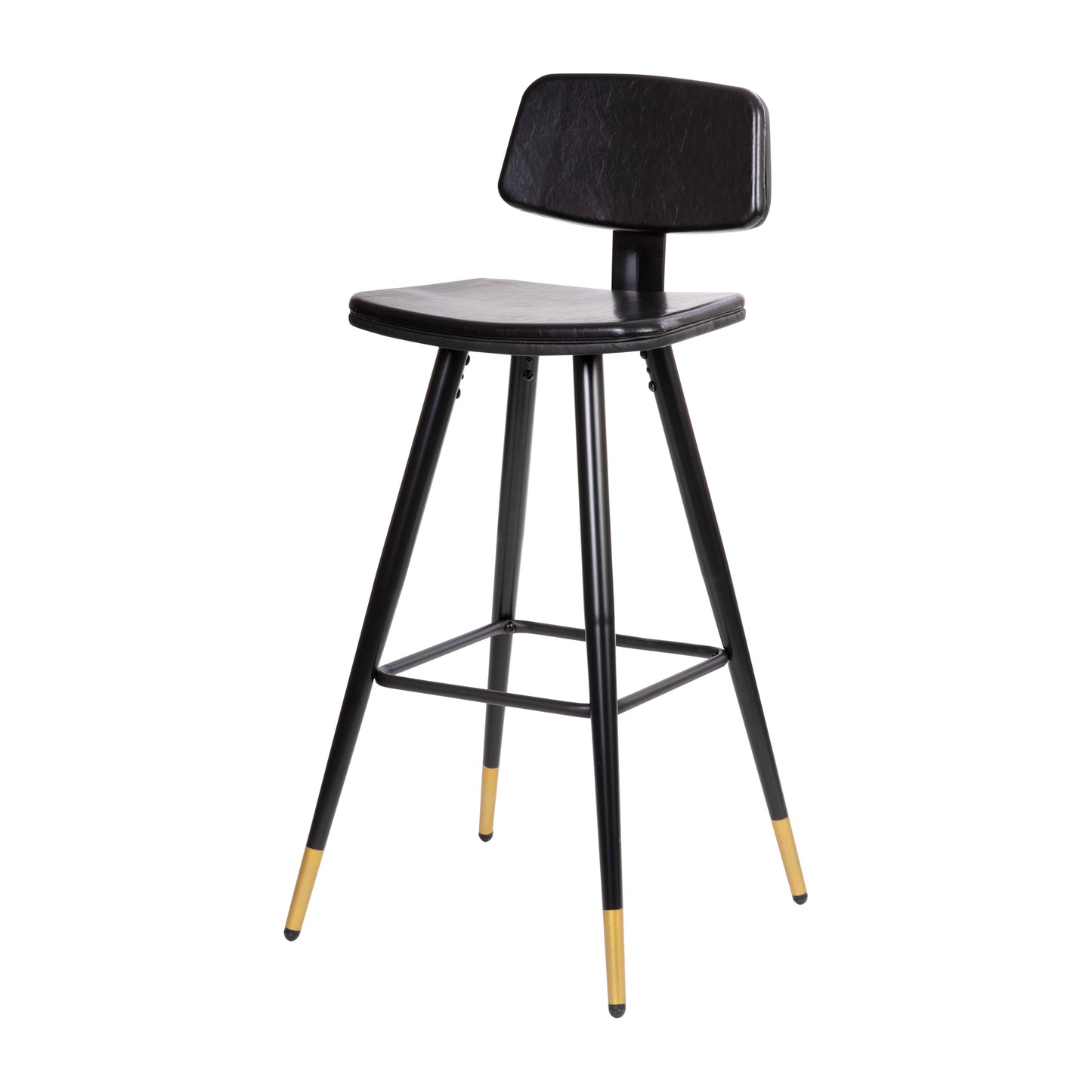 Kora Commercial Grade Low Back Barstools-Black LeatherSoft Upholstery-Black Iron Frame-Integrated Footrest-Gold Tipped Legs-Set of 2 Black