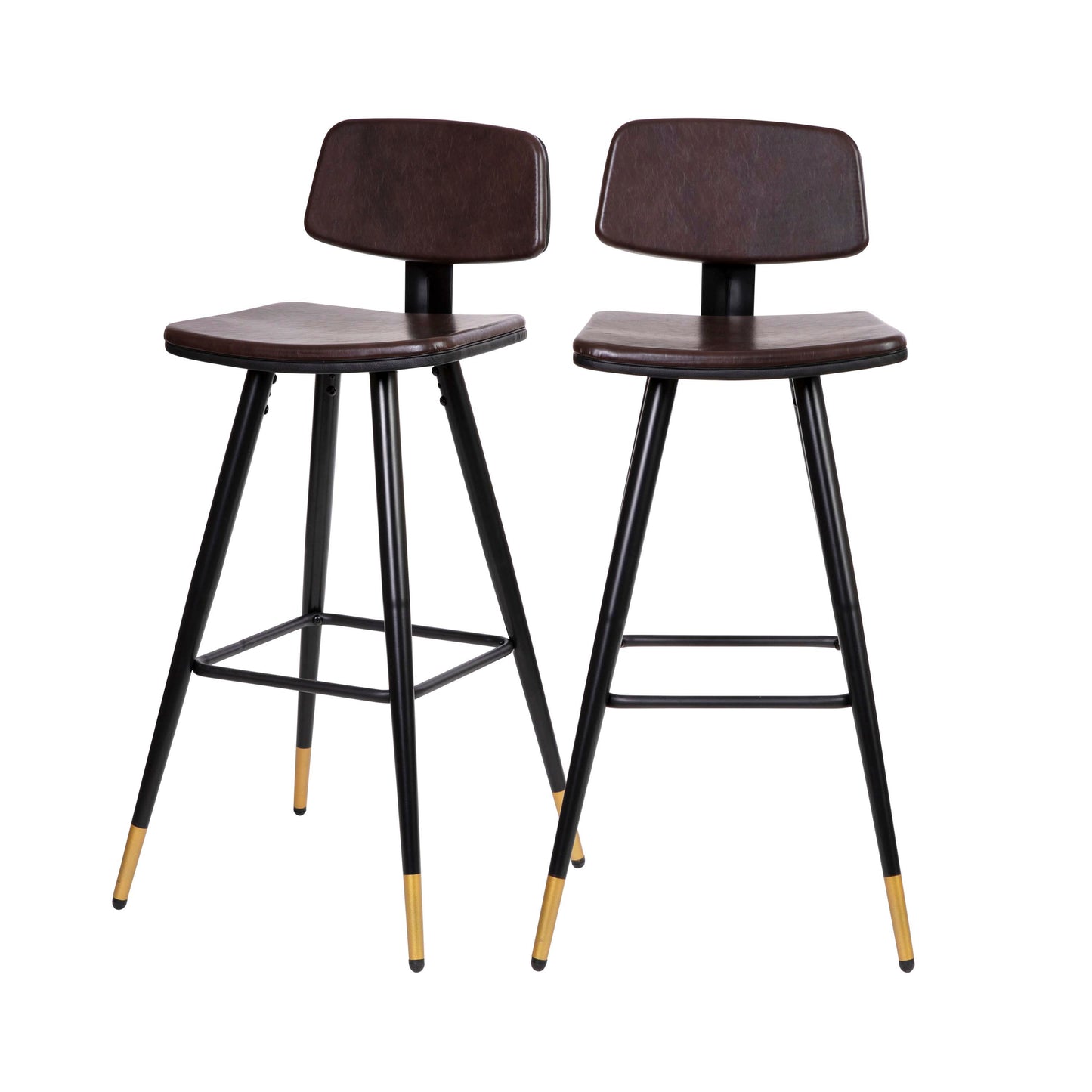 Kora Commercial Grade Low Back Barstools-Brown LeatherSoft Upholstery-Black Iron Frame-Integrated Footrest-Gold Tipped Legs-Set of 2 Brown