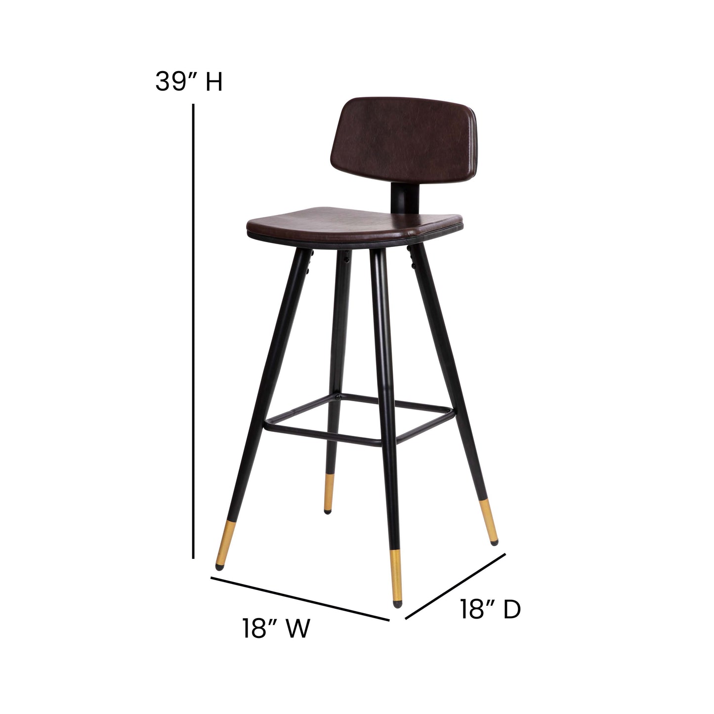 Kora Commercial Grade Low Back Barstools-Brown LeatherSoft Upholstery-Black Iron Frame-Integrated Footrest-Gold Tipped Legs-Set of 2 Brown