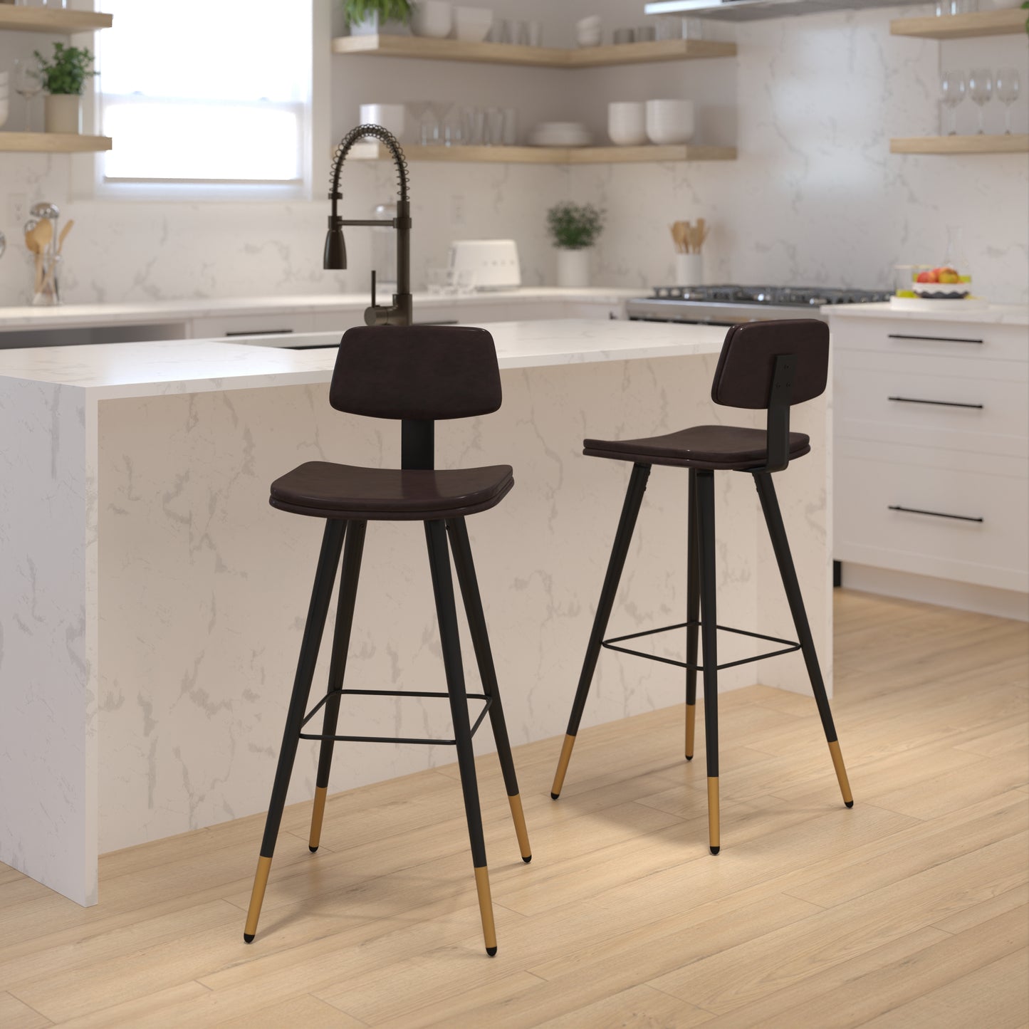 Kora Commercial Grade Low Back Barstools-Brown LeatherSoft Upholstery-Black Iron Frame-Integrated Footrest-Gold Tipped Legs-Set of 2 Brown