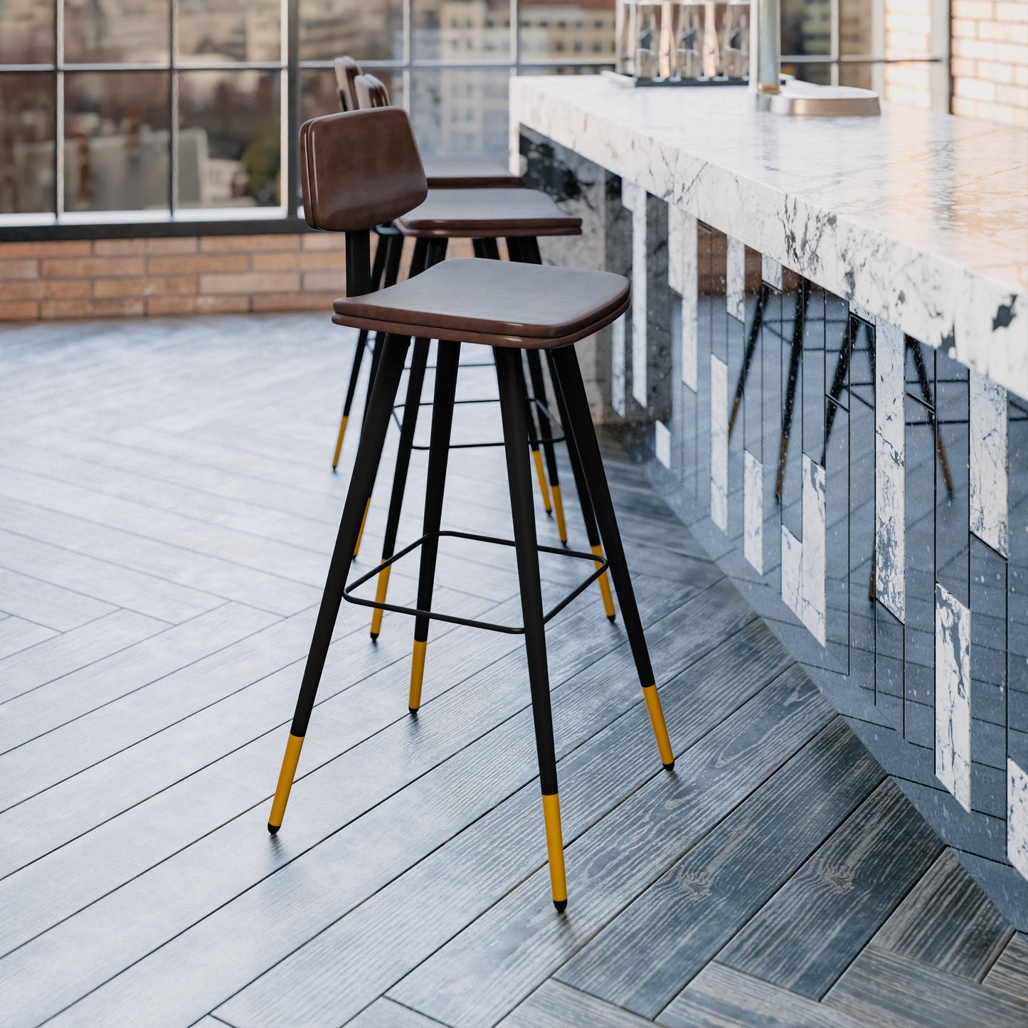 Kora Commercial Grade Low Back Barstools-Brown LeatherSoft Upholstery-Black Iron Frame-Integrated Footrest-Gold Tipped Legs-Set of 2 Brown